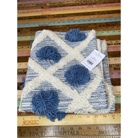 Surya Shaggy Texture White Blue Aztec Boho Tribal Pillow Cover 22x22 100% Cotton - Picture 5 of 10